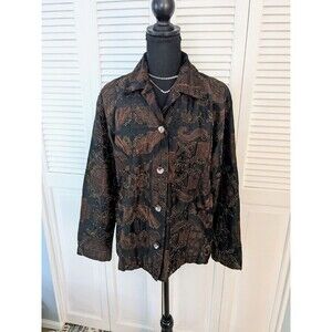 Chico's Vtg Jacket Women's M/1 Beaded 100% SILK Brown Open Blazer Bohemian Art